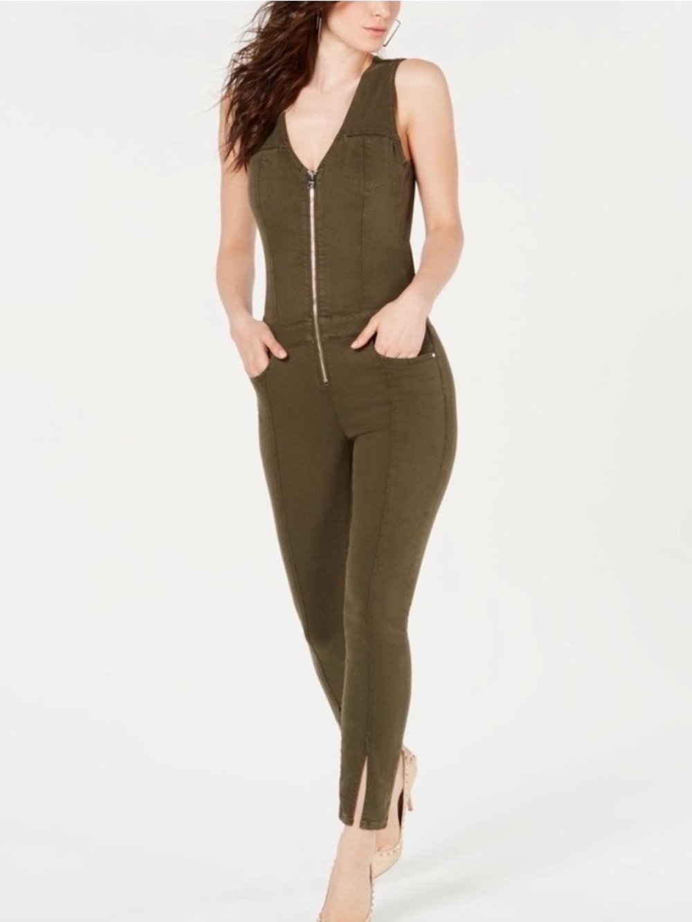 Guess Olive Zip-Front Sleeveless Jumpsuit